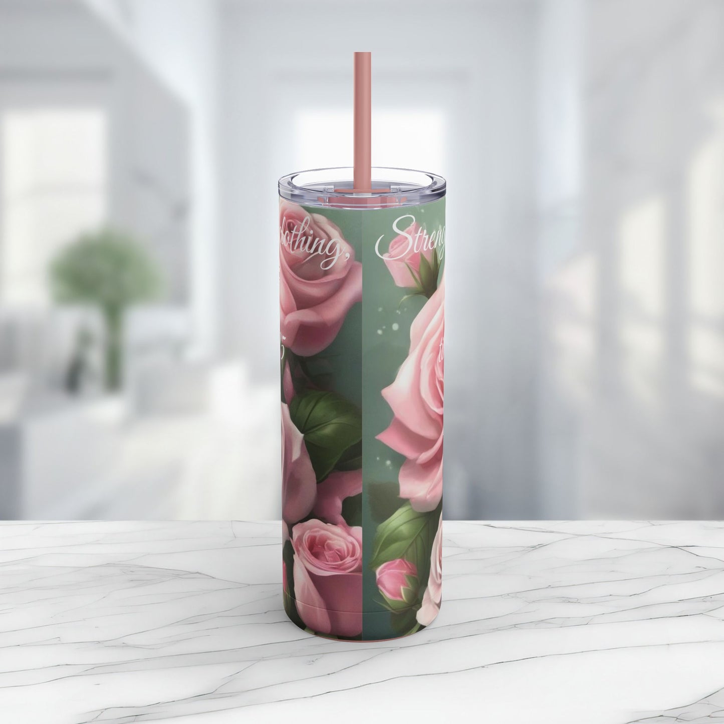 Proverbs 31:25, Pink Roses Skinny Tumbler with Straw, 20oz