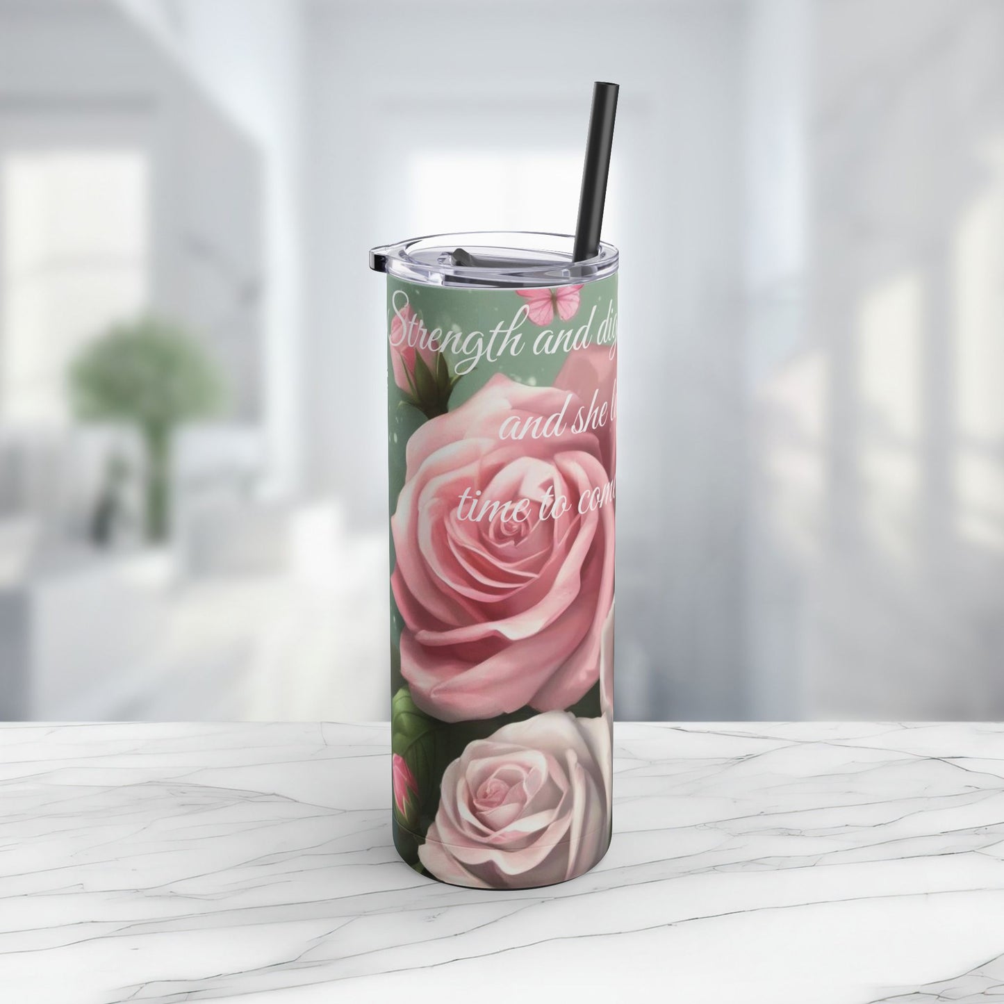 Proverbs 31:25, Pink Roses Skinny Tumbler with Straw, 20oz