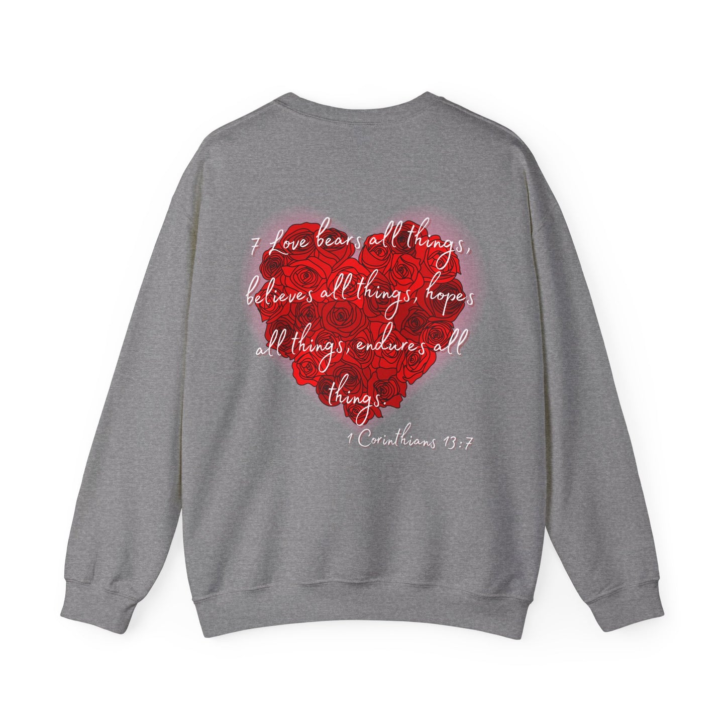 Teddy Bear Love Sweatshirt, Bible Verse 1 Corinthians 13:7, Heavy Blend Crewneck Jumper, Christian Gift, Inspirational