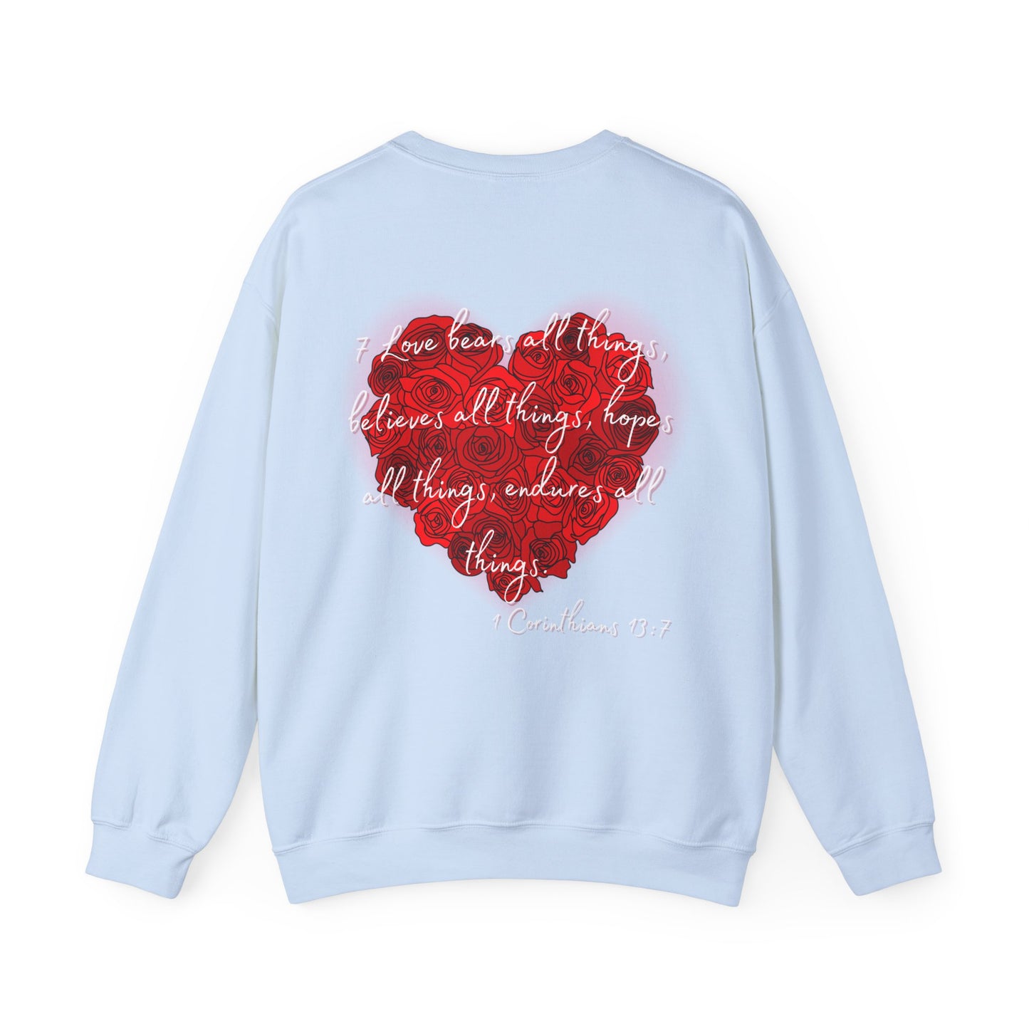 Teddy Bear Love Sweatshirt, Bible Verse 1 Corinthians 13:7, Heavy Blend Crewneck Jumper, Christian Gift, Inspirational