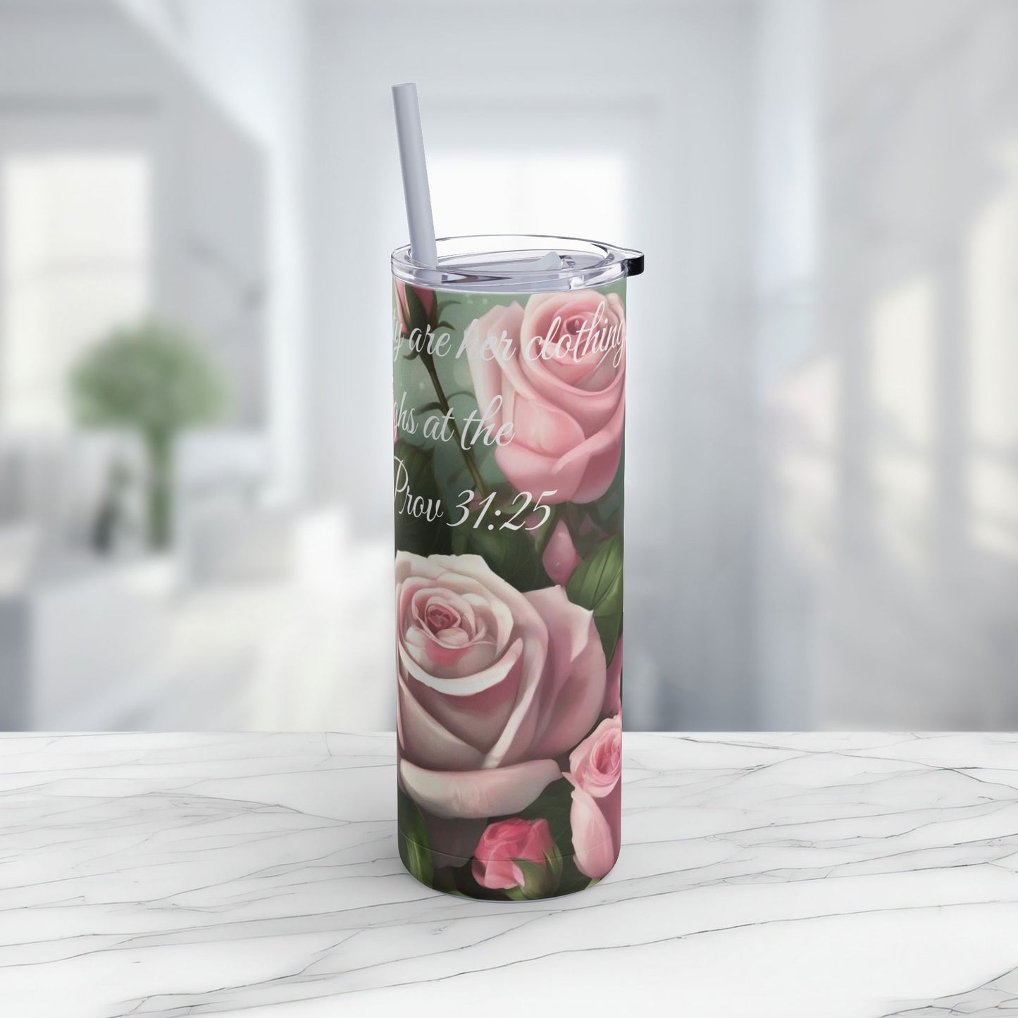 Proverbs 31:25, Pink Roses Skinny Tumbler with Straw, 20oz