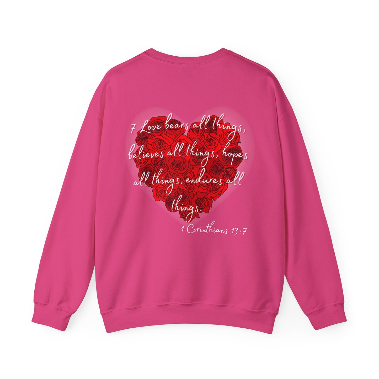 Teddy Bear Love Sweatshirt, Bible Verse 1 Corinthians 13:7, Heavy Blend Crewneck Jumper, Christian Gift, Inspirational