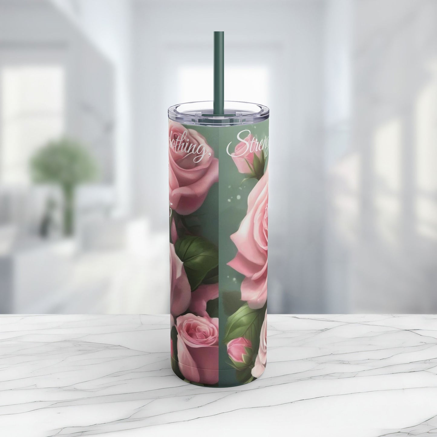 Proverbs 31:25, Pink Roses Skinny Tumbler with Straw, 20oz