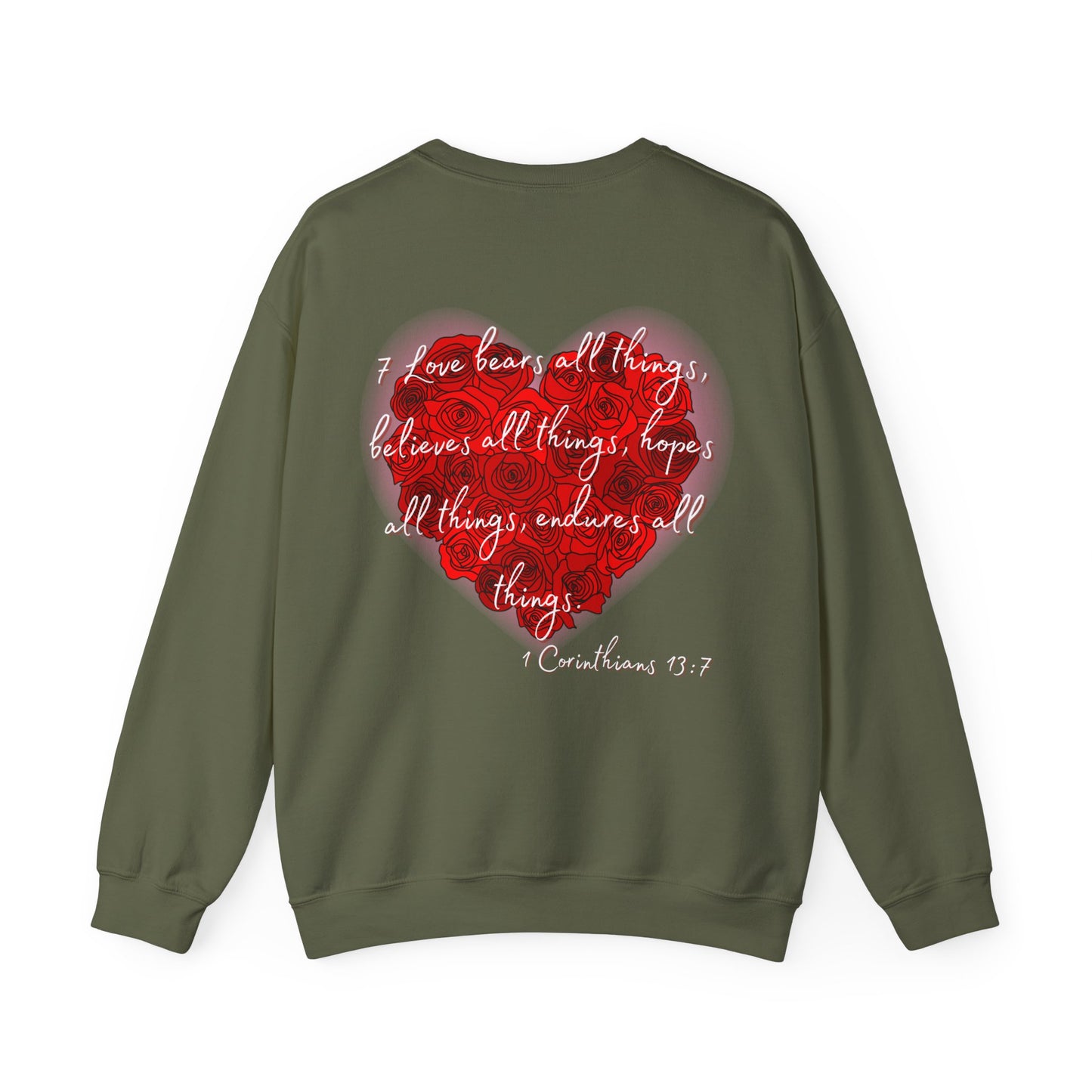 Teddy Bear Love Sweatshirt, Bible Verse 1 Corinthians 13:7, Heavy Blend Crewneck Jumper, Christian Gift, Inspirational