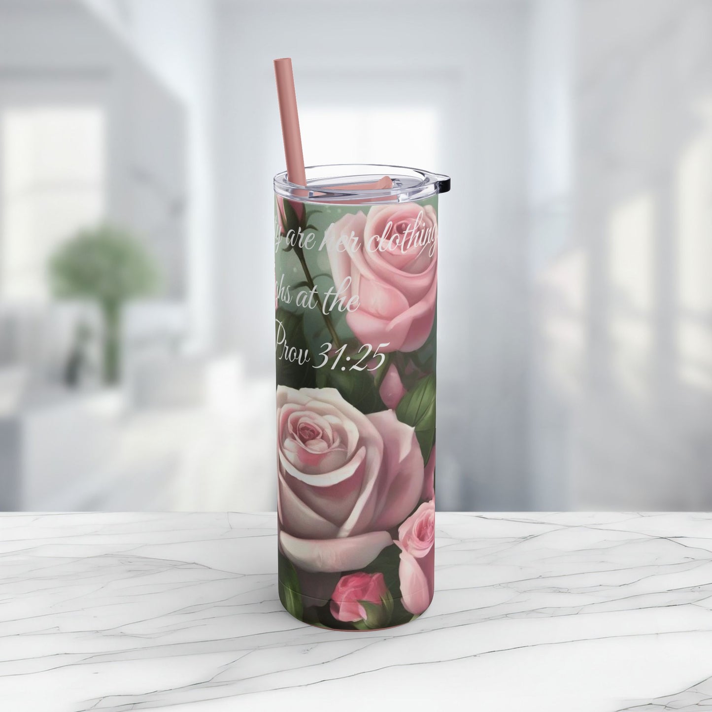 Proverbs 31:25, Pink Roses Skinny Tumbler with Straw, 20oz