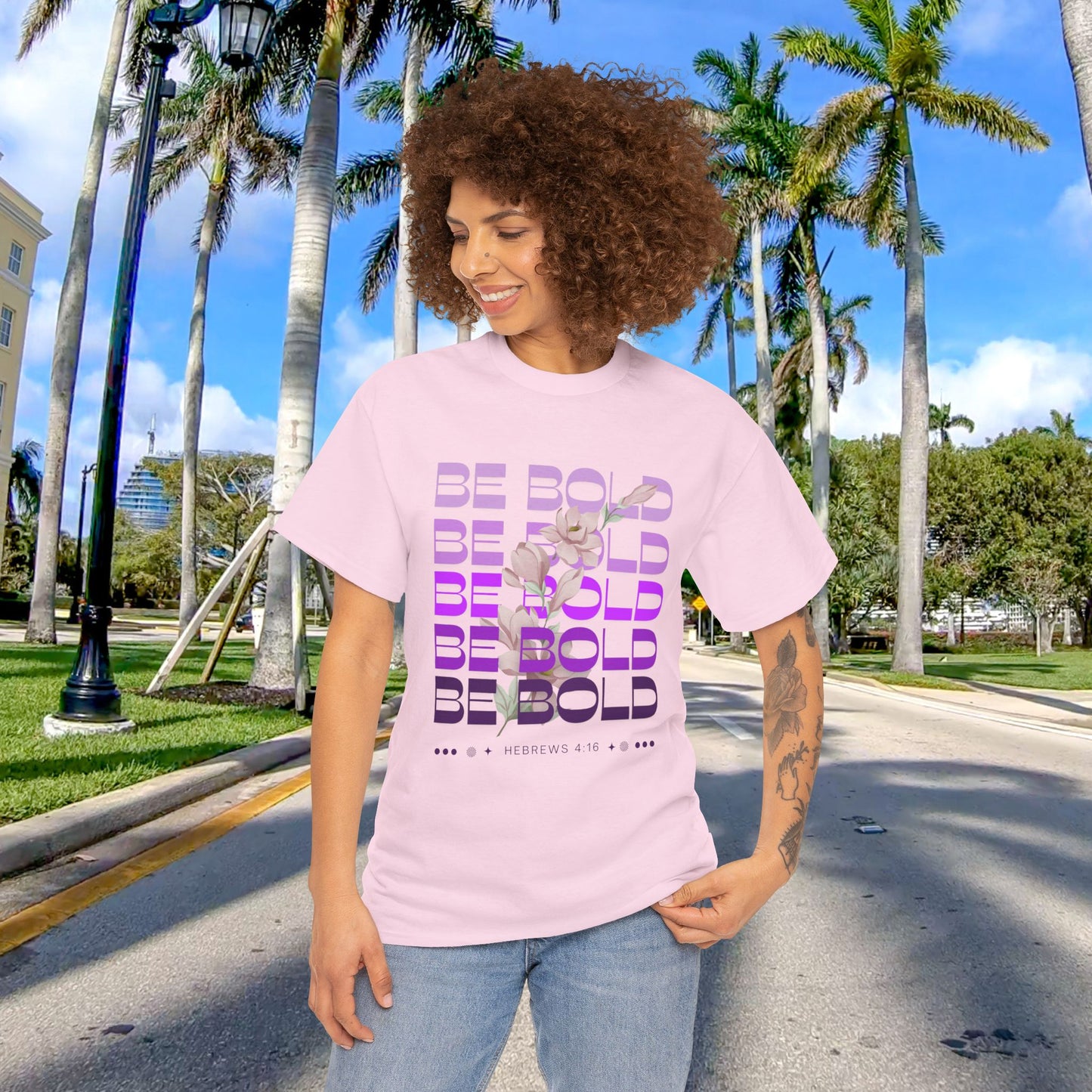 Be Bold Flowers Hebrews 4:16 Women's Heavy Cotton Tee, Christian Scripture Shirt