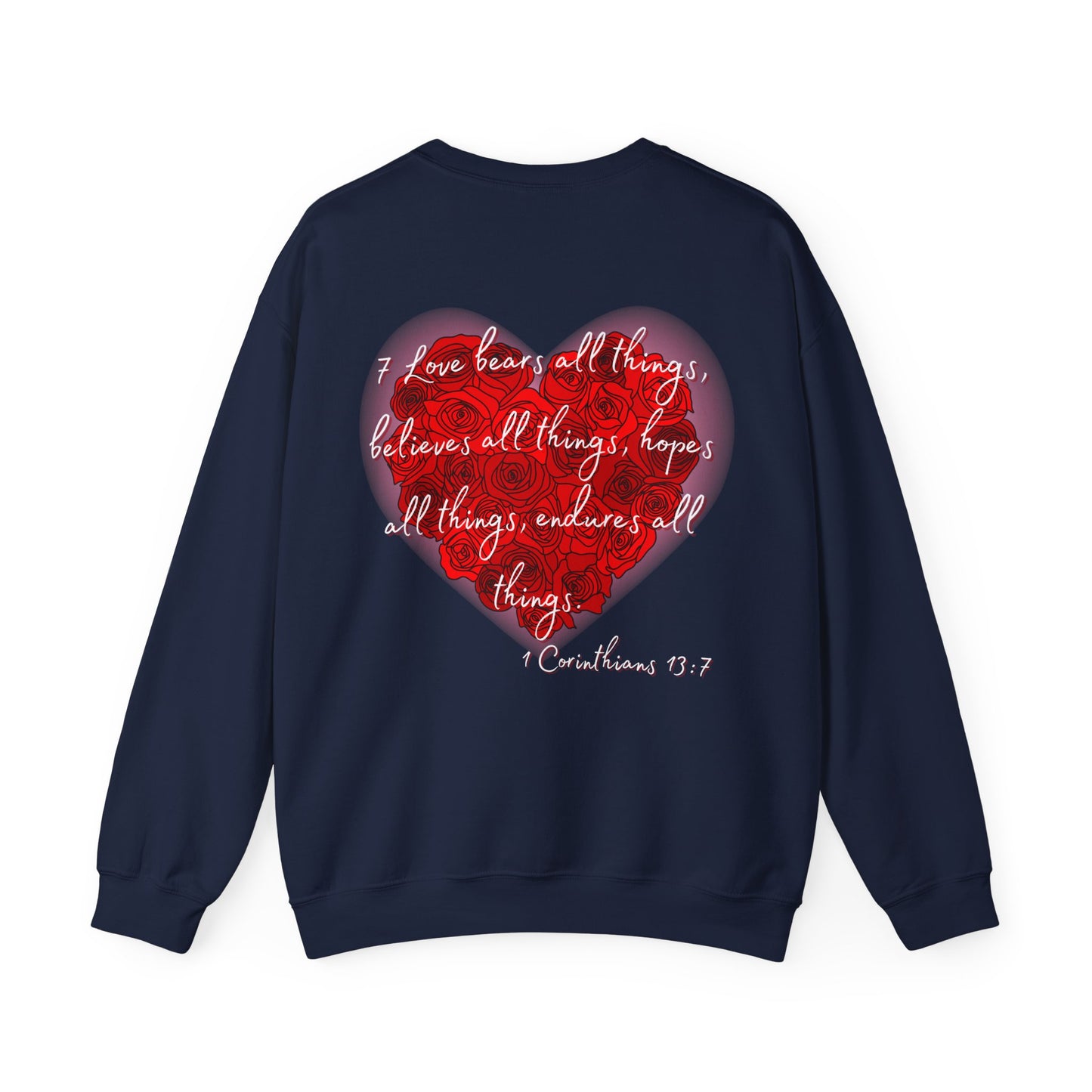 Teddy Bear Love Sweatshirt, Bible Verse 1 Corinthians 13:7, Heavy Blend Crewneck Jumper, Christian Gift, Inspirational