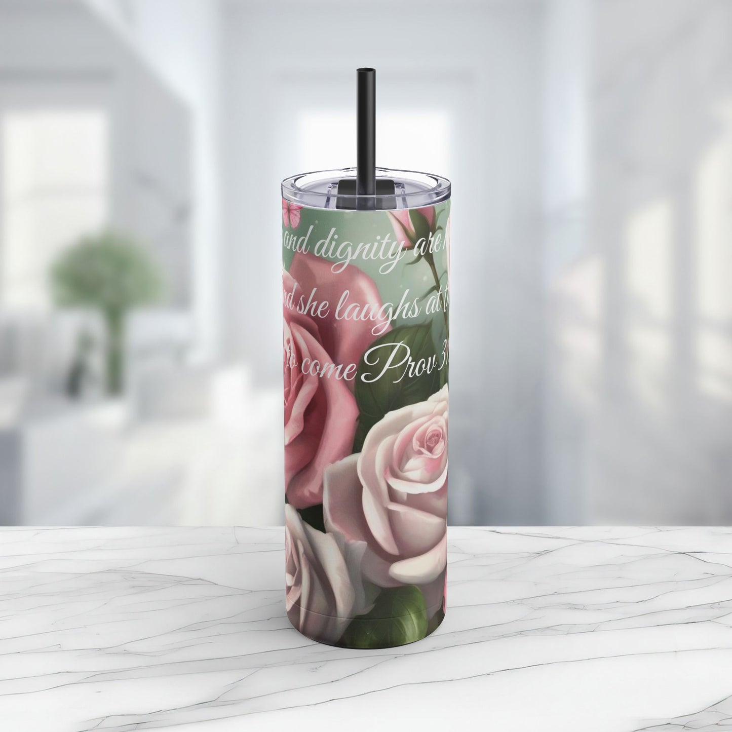 Proverbs 31:25, Pink Roses Skinny Tumbler with Straw, 20oz