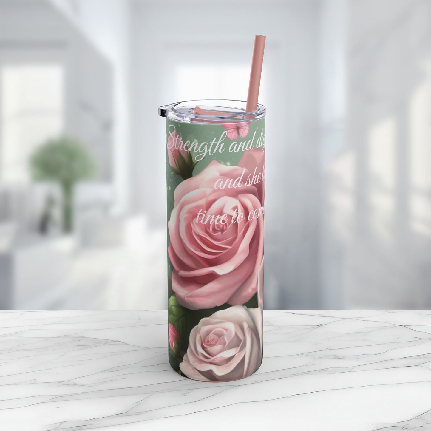 Proverbs 31:25, Pink Roses Skinny Tumbler with Straw, 20oz