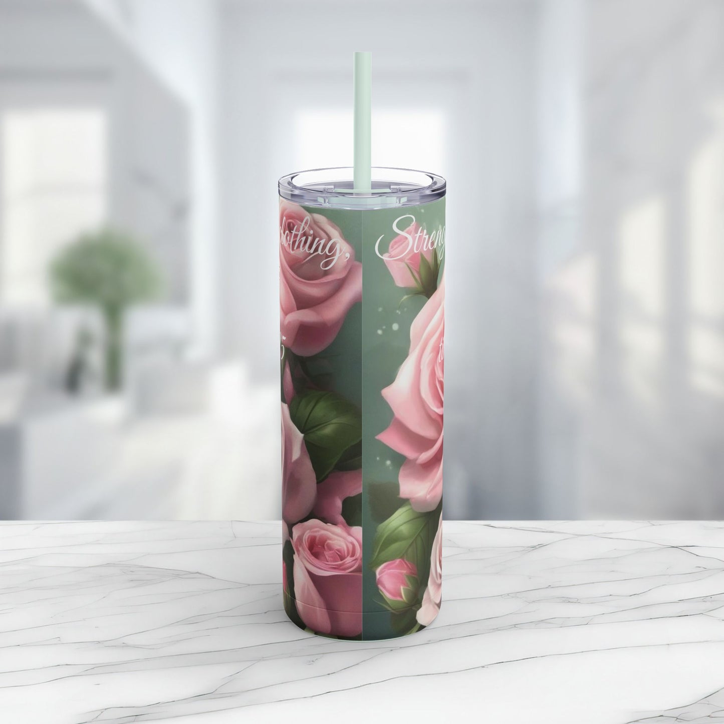 Proverbs 31:25, Pink Roses Skinny Tumbler with Straw, 20oz