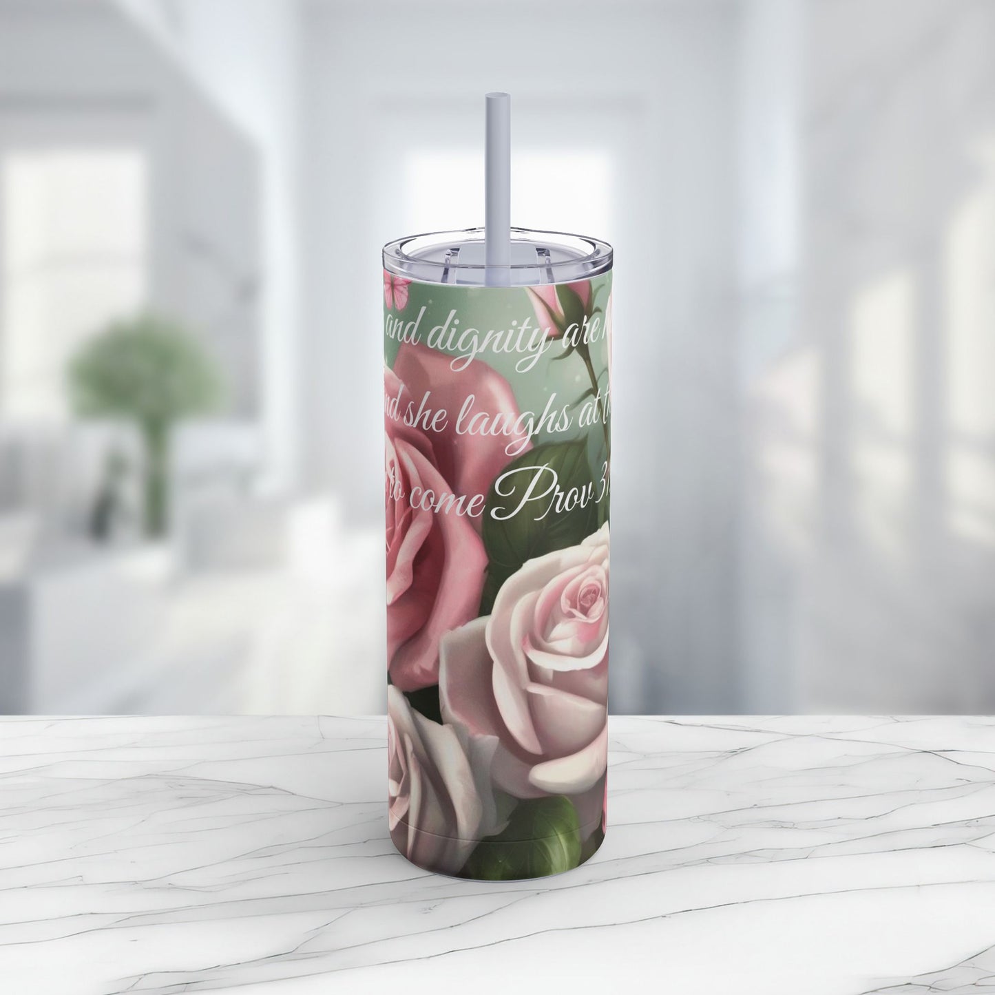 Proverbs 31:25, Pink Roses Skinny Tumbler with Straw, 20oz