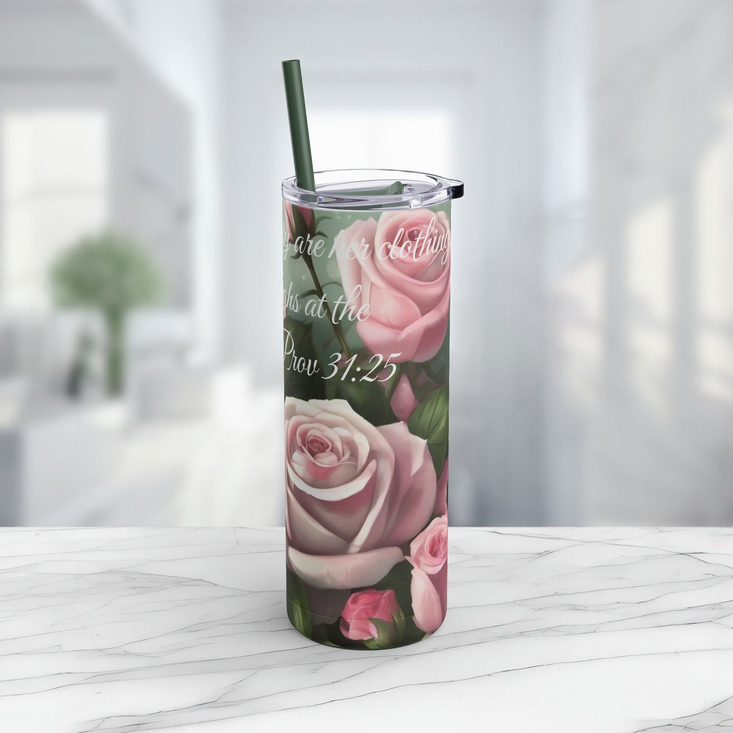 Proverbs 31:25, Pink Roses Skinny Tumbler with Straw, 20oz