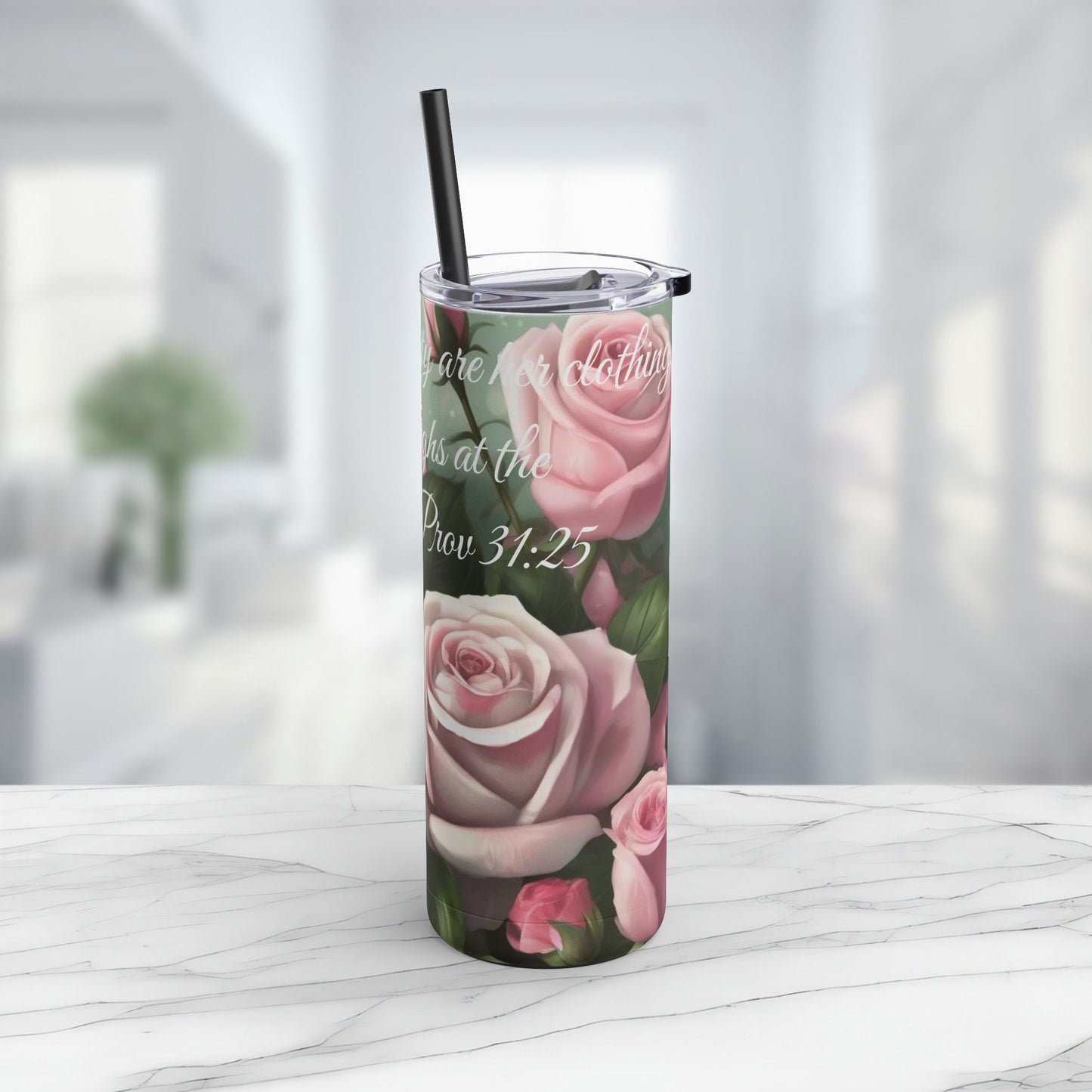 Proverbs 31:25, Pink Roses Skinny Tumbler with Straw, 20oz