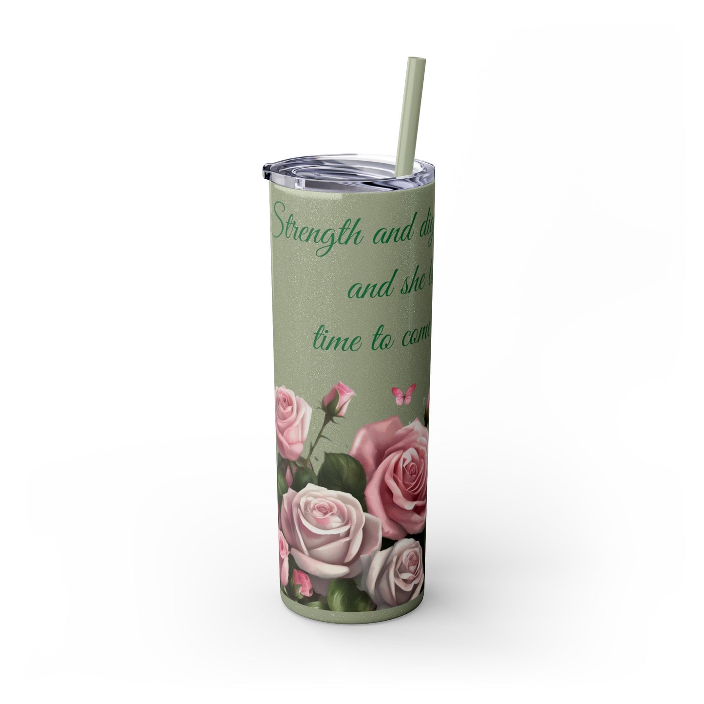 Proverbs 31:25 Skinny Tumbler, Multi-Roses Design, 20oz Tumbler with Straw"